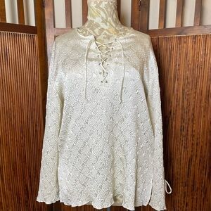 Vintage Cream Bohemian Lace-Up Blouse Sz 14/16W